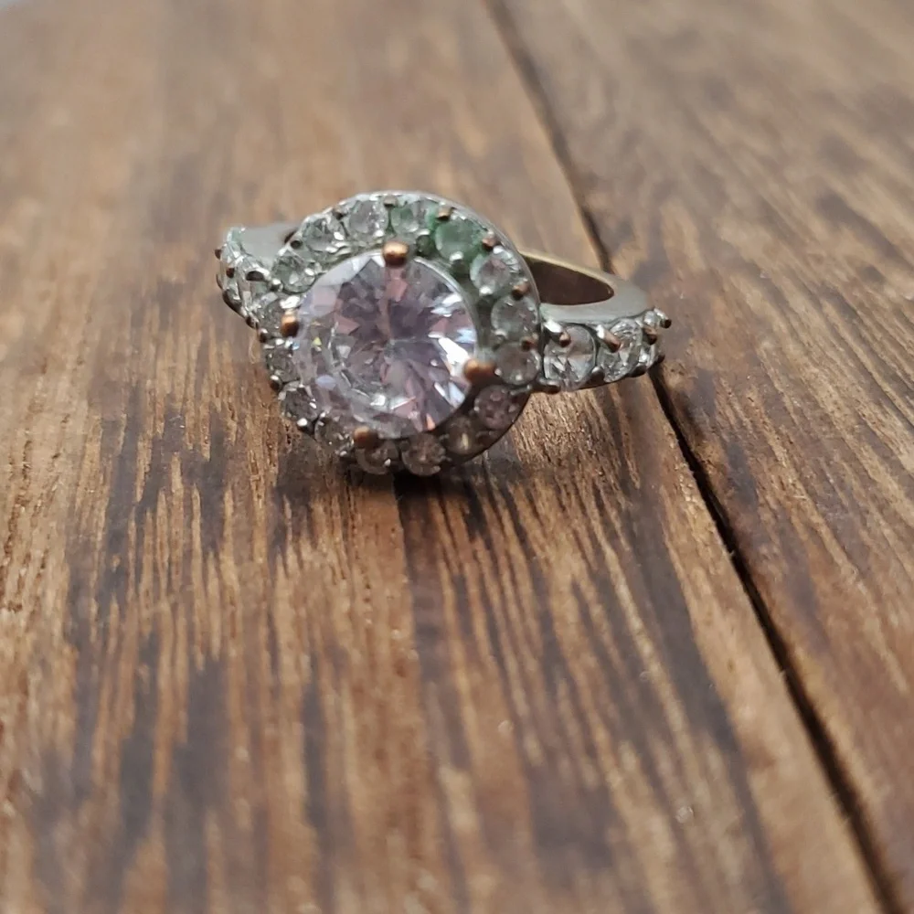 Silver over brass antique wedding band halo crystal size 6‎ R519
